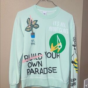 Zara Light Green Graphic Crew Neck Sweater